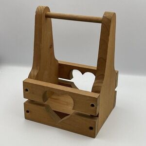 Vintage Wooden Heart Cutout Caddy Basket Tote Holder 10x6x7 Rustic Country Decor